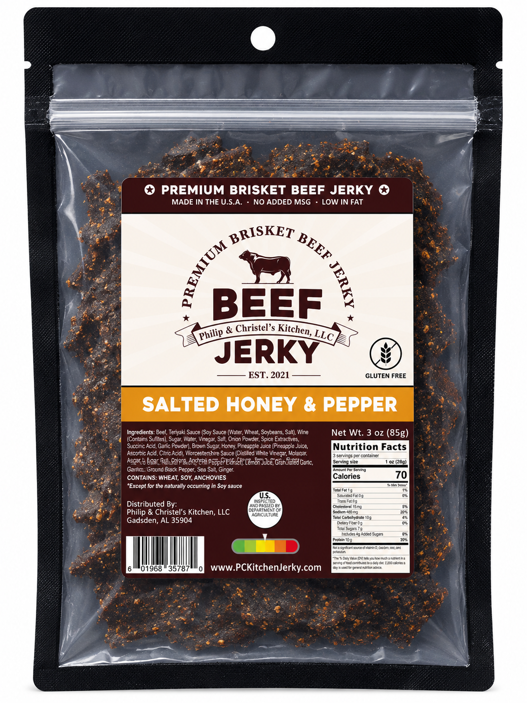 Premium Brisket Beef Jerky Salted Honey & Pepper 3oz.